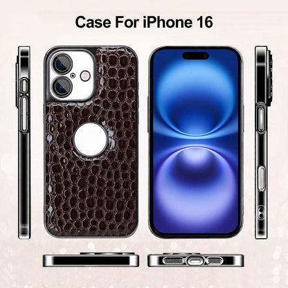 For iPhone 16 Pearl Crocodile Texture Electroplated Frame PC + Vegan Leather Phone Case - Dark Brown - EDA009690104B