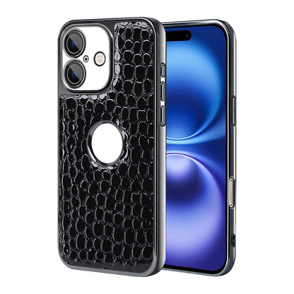 For iPhone 16 Pearl Crocodile Texture Electroplated Frame PC + Vegan Leather Phone Case - Black - EDA009690104C