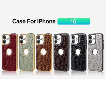 For iPhone 16 Pearl Crocodile Texture Electroplated Frame PC + Vegan Leather Phone Case - Black - EDA009690104C
