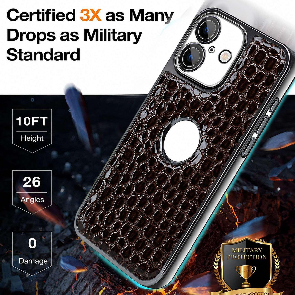 For iPhone 16 Pearl Crocodile Texture Electroplated Frame PC + Vegan Leather Phone Case - Black - EDA009690104C