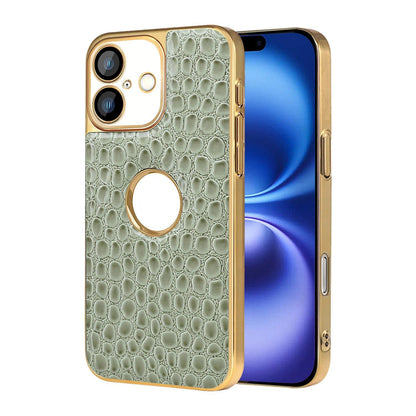 For iPhone 16 Pearl Crocodile Texture Electroplated Frame PC + Vegan Leather Phone Case - Green - EDA009690104D