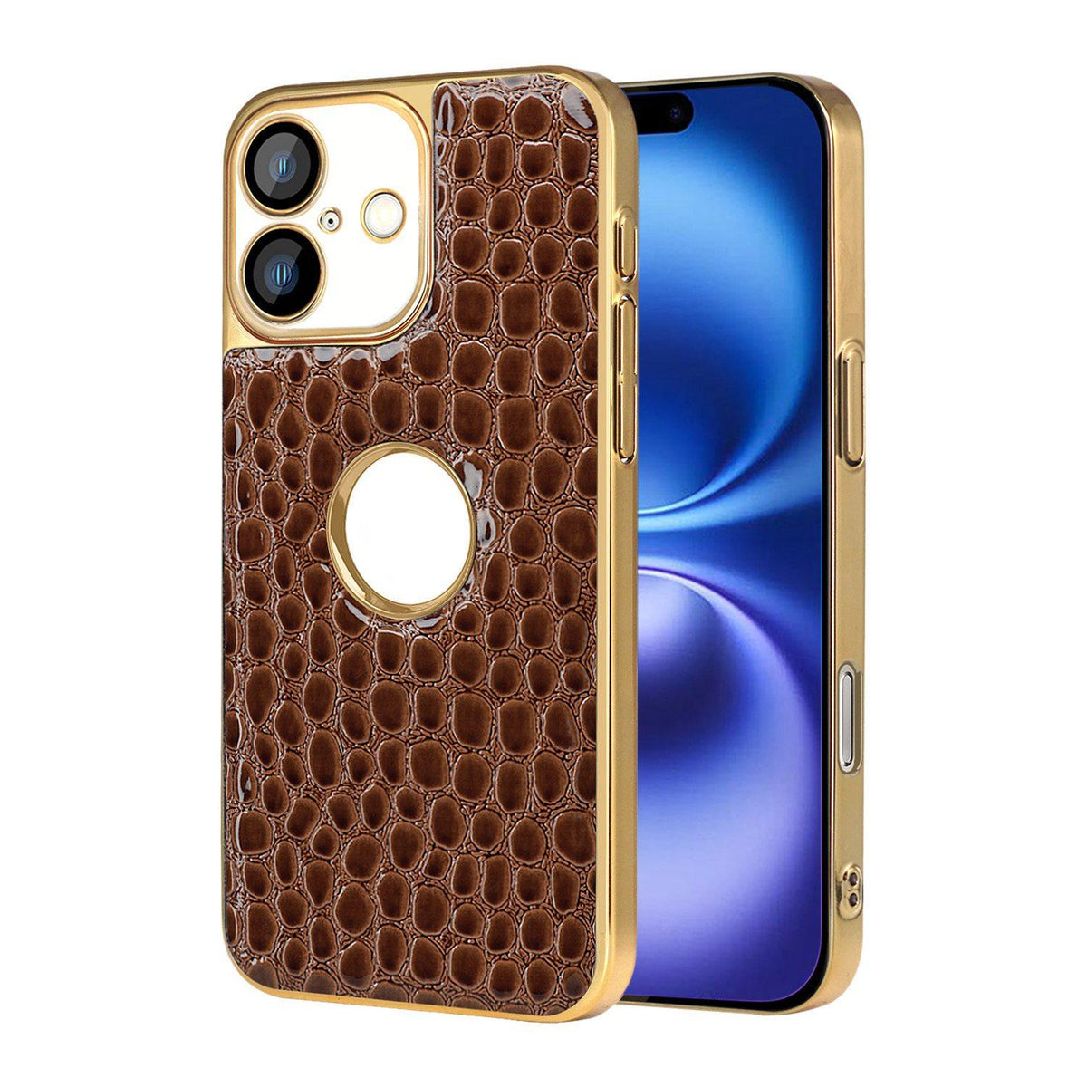 For iPhone 16 Pearl Crocodile Texture Electroplated Frame PC + Vegan Leather Phone Case - Brown - EDA009690104E