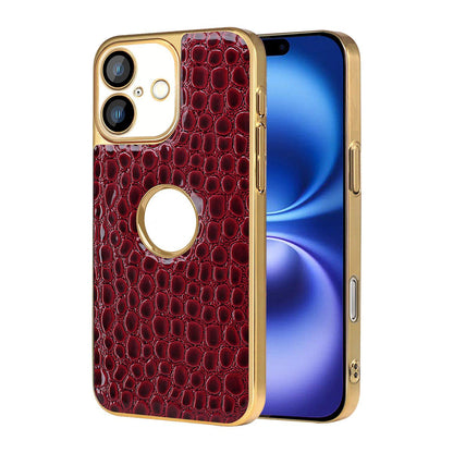 For iPhone 16 Pearl Crocodile Texture Electroplated Frame PC + Vegan Leather Phone Case - Red - EDA009690104F
