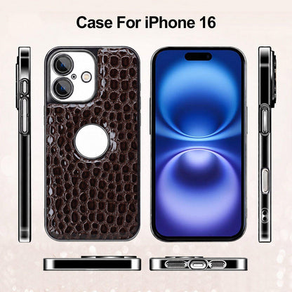 For iPhone 16 Pearl Crocodile Texture Electroplated Frame PC + Vegan Leather Phone Case - Red - EDA009690104F