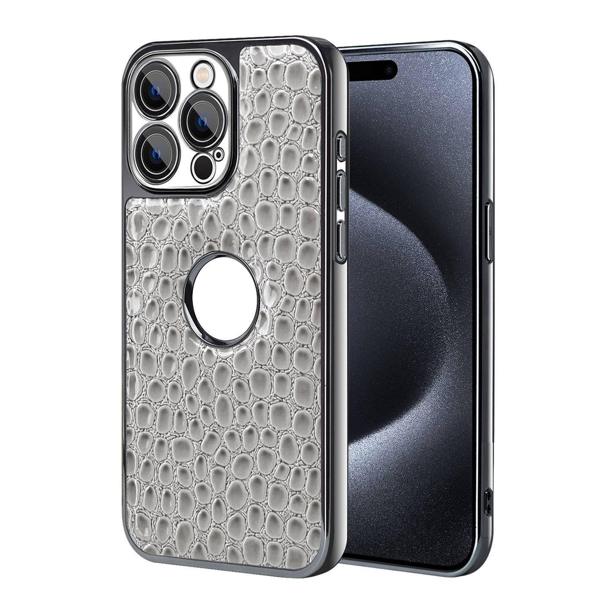 For iPhone 15 Pro Max Pearl Crocodile Texture Electroplated Frame PC + Vegan Leather Phone Case - Gray - EDA009690105A