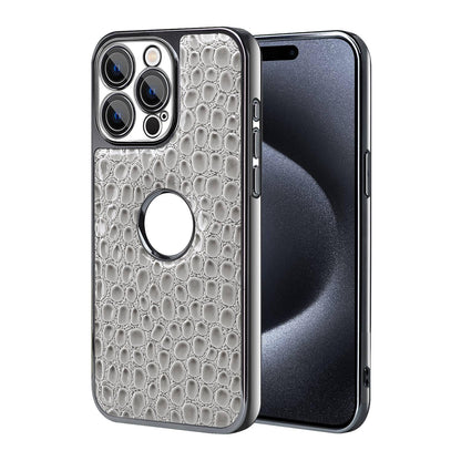For iPhone 15 Pro Max Pearl Crocodile Texture Electroplated Frame PC + Vegan Leather Phone Case - Gray - EDA009690105A