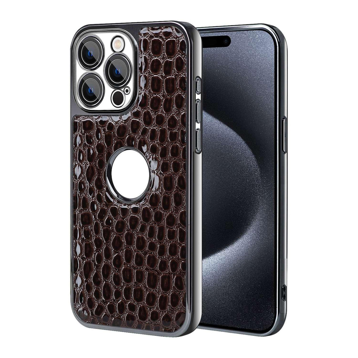 For iPhone 15 Pro Max Pearl Crocodile Texture Electroplated Frame PC + Vegan Leather Phone Case - Dark Brown - EDA009690105B