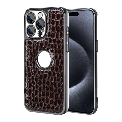 For iPhone 15 Pro Max Pearl Crocodile Texture Electroplated Frame PC + Vegan Leather Phone Case - Dark Brown - EDA009690105B