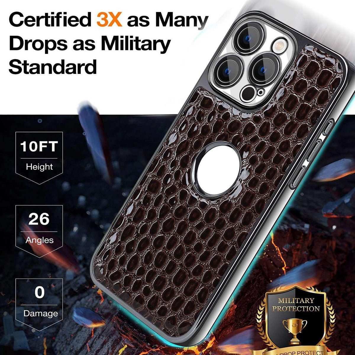For iPhone 15 Pro Max Pearl Crocodile Texture Electroplated Frame PC + Vegan Leather Phone Case - Dark Brown - EDA009690105B