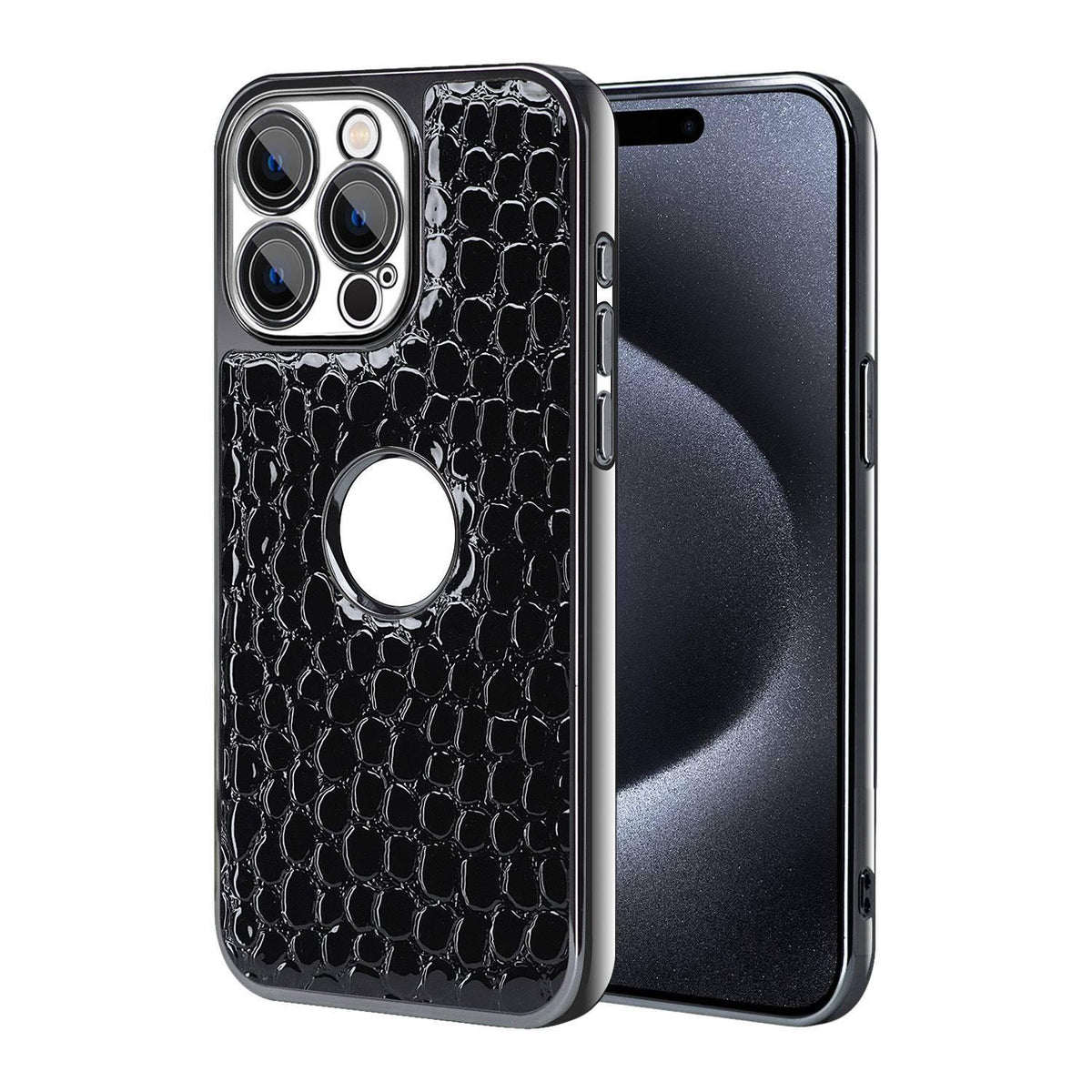 For iPhone 15 Pro Max Pearl Crocodile Texture Electroplated Frame PC + Vegan Leather Phone Case - Black - EDA009690105C