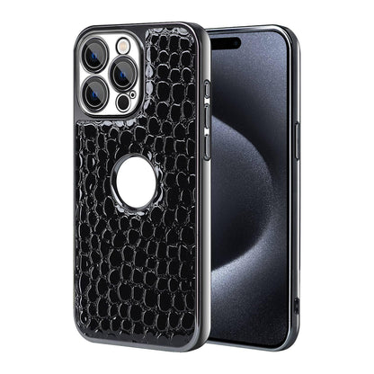 For iPhone 15 Pro Max Pearl Crocodile Texture Electroplated Frame PC + Vegan Leather Phone Case - Black - EDA009690105C