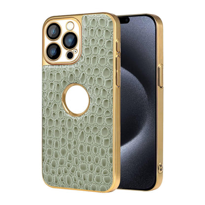 For iPhone 15 Pro Max Pearl Crocodile Texture Electroplated Frame PC + Vegan Leather Phone Case - Green - EDA009690105D