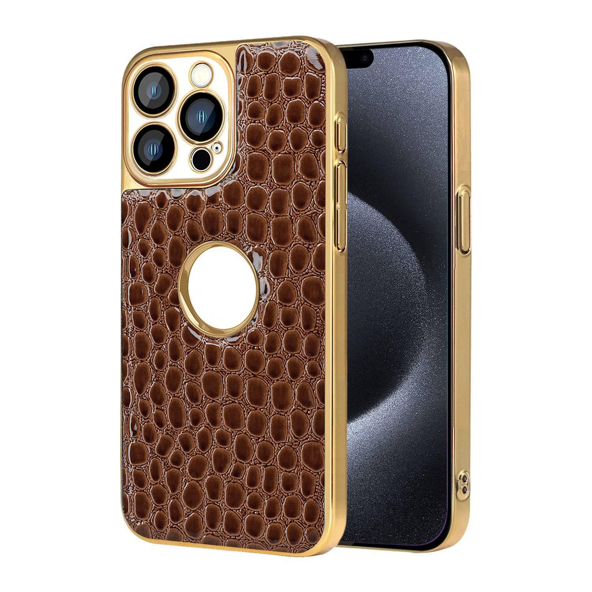 For iPhone 15 Pro Max Pearl Crocodile Texture Electroplated Frame PC + Vegan Leather Phone Case - Brown - EDA009690105E