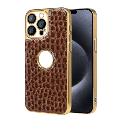 For iPhone 15 Pro Max Pearl Crocodile Texture Electroplated Frame PC + Vegan Leather Phone Case - Brown - EDA009690105E