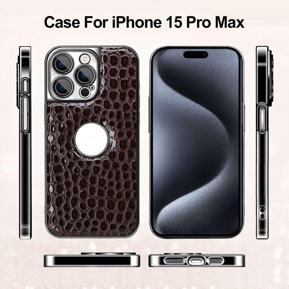 For iPhone 15 Pro Max Pearl Crocodile Texture Electroplated Frame PC + Vegan Leather Phone Case - Brown - EDA009690105E