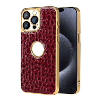 For iPhone 15 Pro Max Pearl Crocodile Texture Electroplated Frame PC + Vegan Leather Phone Case - Red - EDA009690105F