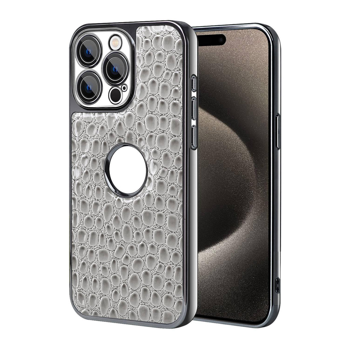 For iPhone 15 Pro Pearl Crocodile Texture Electroplated Frame PC + Vegan Leather Phone Case - Gray - EDA009690106A