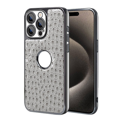 For iPhone 15 Pro Pearl Crocodile Texture Electroplated Frame PC + Vegan Leather Phone Case - Gray - EDA009690106A
