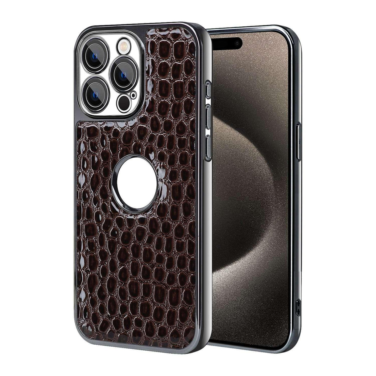 For iPhone 15 Pro Pearl Crocodile Texture Electroplated Frame PC + Vegan Leather Phone Case - Dark Brown - EDA009690106B
