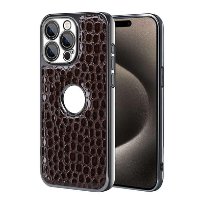 For iPhone 15 Pro Pearl Crocodile Texture Electroplated Frame PC + Vegan Leather Phone Case - Dark Brown - EDA009690106B