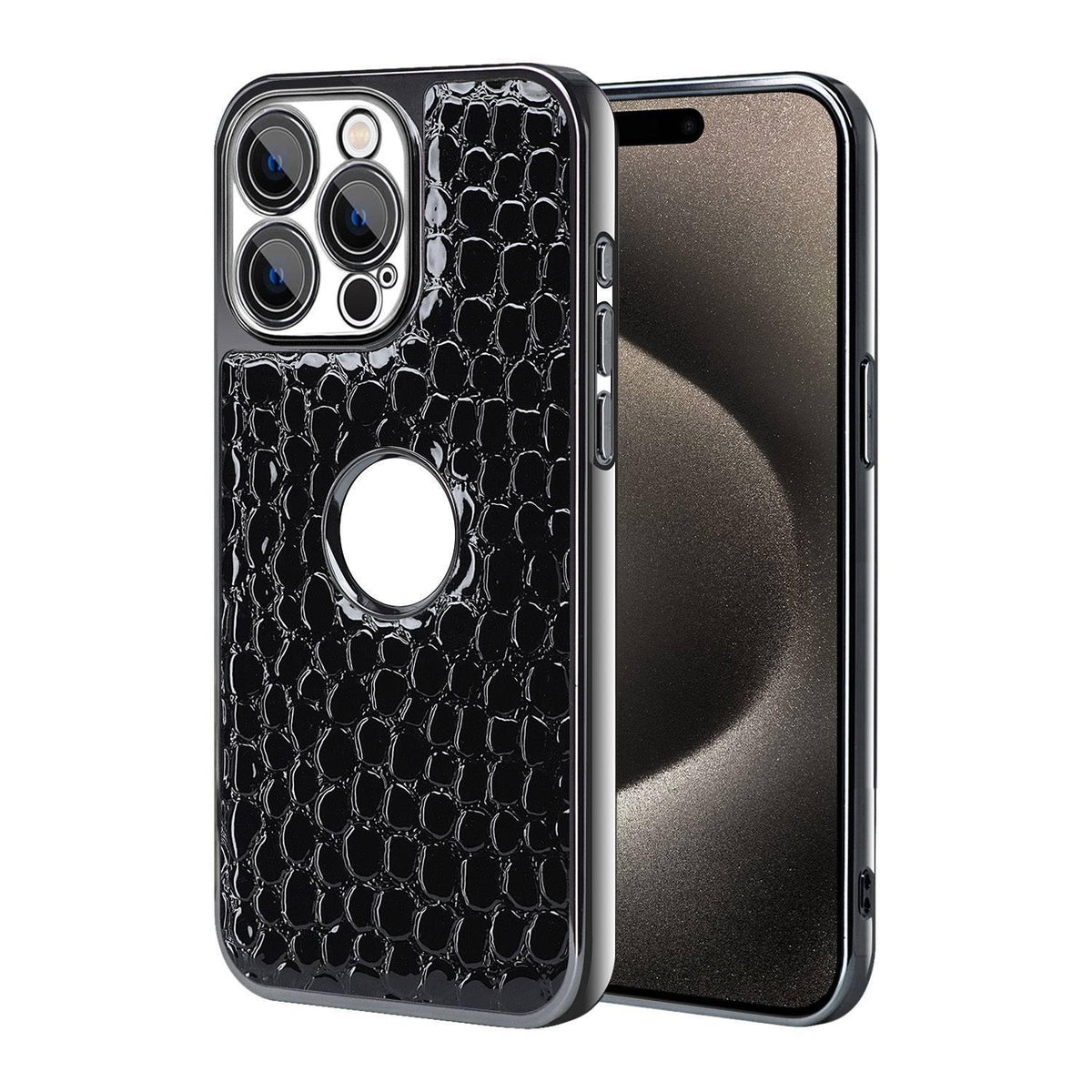 For iPhone 15 Pro Pearl Crocodile Texture Electroplated Frame PC + Vegan Leather Phone Case - Black - EDA009690106C