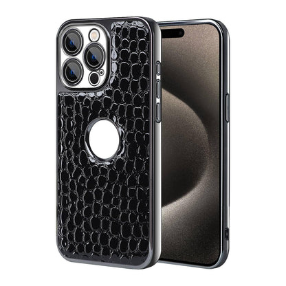 For iPhone 15 Pro Pearl Crocodile Texture Electroplated Frame PC + Vegan Leather Phone Case - Black - EDA009690106C