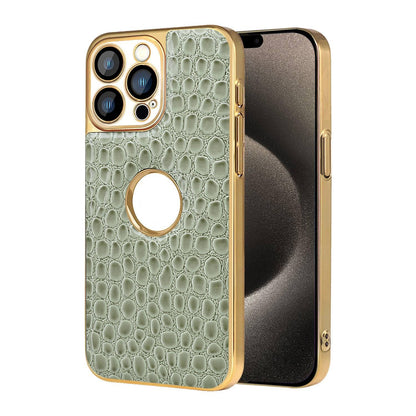 For iPhone 15 Pro Pearl Crocodile Texture Electroplated Frame PC + Vegan Leather Phone Case - Green - EDA009690106D