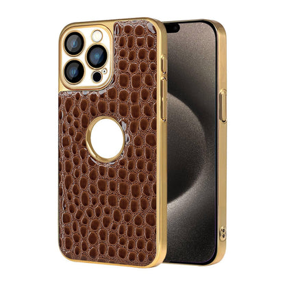 For iPhone 15 Pro Pearl Crocodile Texture Electroplated Frame PC + Vegan Leather Phone Case - Brown - EDA009690106E