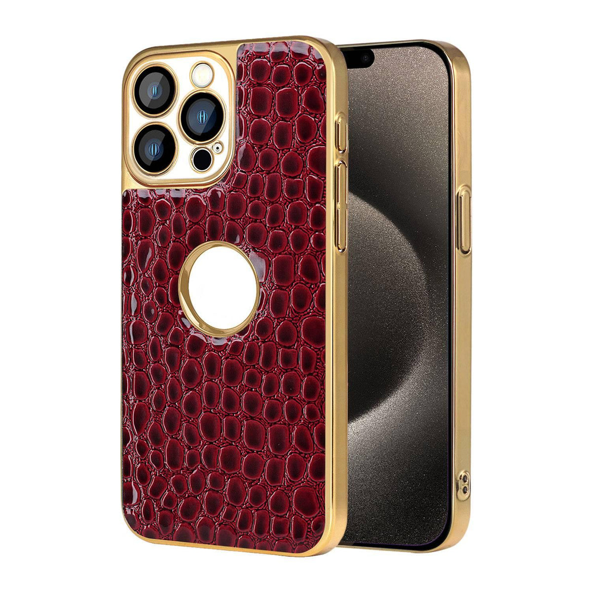 For iPhone 15 Pro Pearl Crocodile Texture Electroplated Frame PC + Vegan Leather Phone Case - Red - EDA009690106F