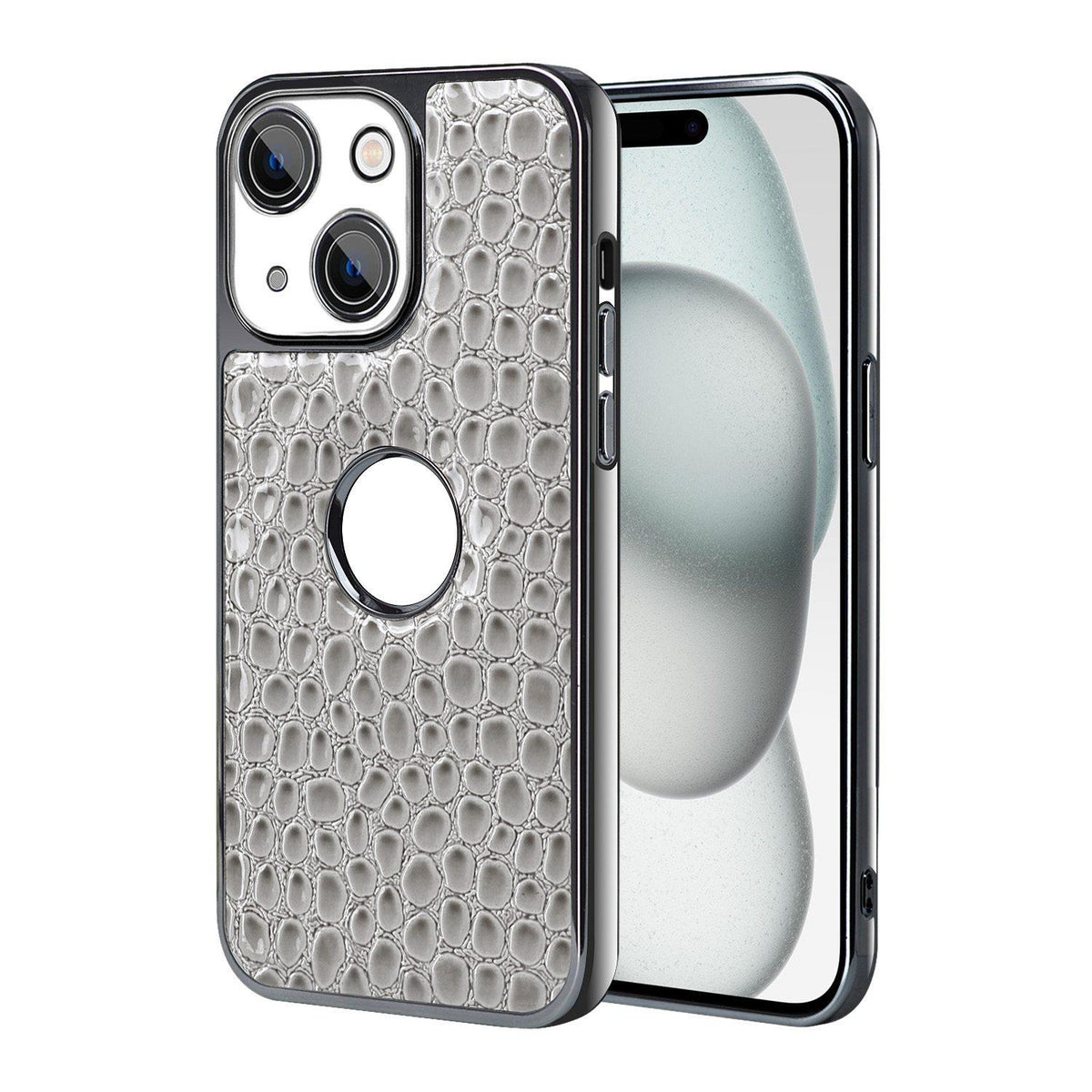 For iPhone 15 Plus Pearl Crocodile Texture Electroplated Frame PC + Vegan Leather Phone Case - Gray - EDA009690107A