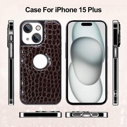 For iPhone 15 Plus Pearl Crocodile Texture Electroplated Frame PC + Vegan Leather Phone Case - Gray - EDA009690107A