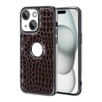For iPhone 15 Plus Pearl Crocodile Texture Electroplated Frame PC + Vegan Leather Phone Case - Dark Brown - EDA009690107B