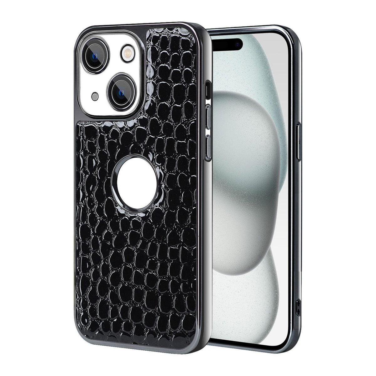 For iPhone 15 Plus Pearl Crocodile Texture Electroplated Frame PC + Vegan Leather Phone Case - Black - EDA009690107C