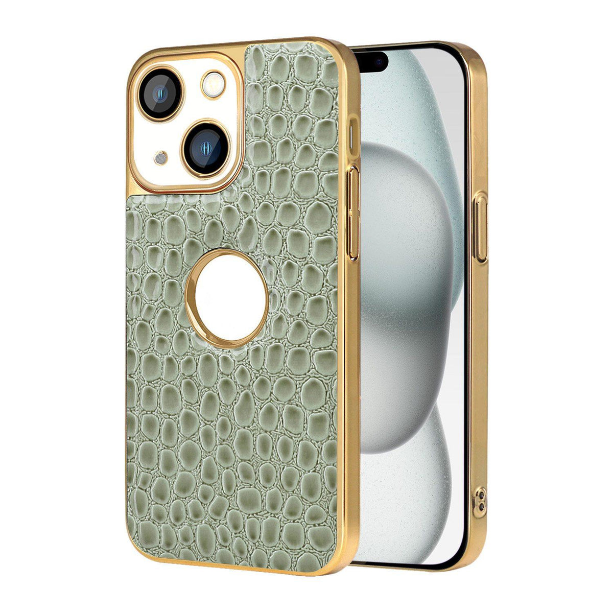 For iPhone 15 Plus Pearl Crocodile Texture Electroplated Frame PC + Vegan Leather Phone Case - Green - EDA009690107D