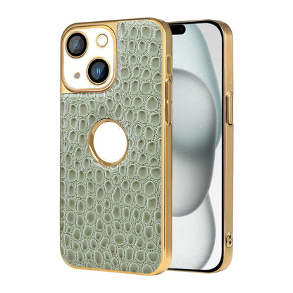 For iPhone 15 Plus Pearl Crocodile Texture Electroplated Frame PC + Vegan Leather Phone Case - Green - EDA009690107D