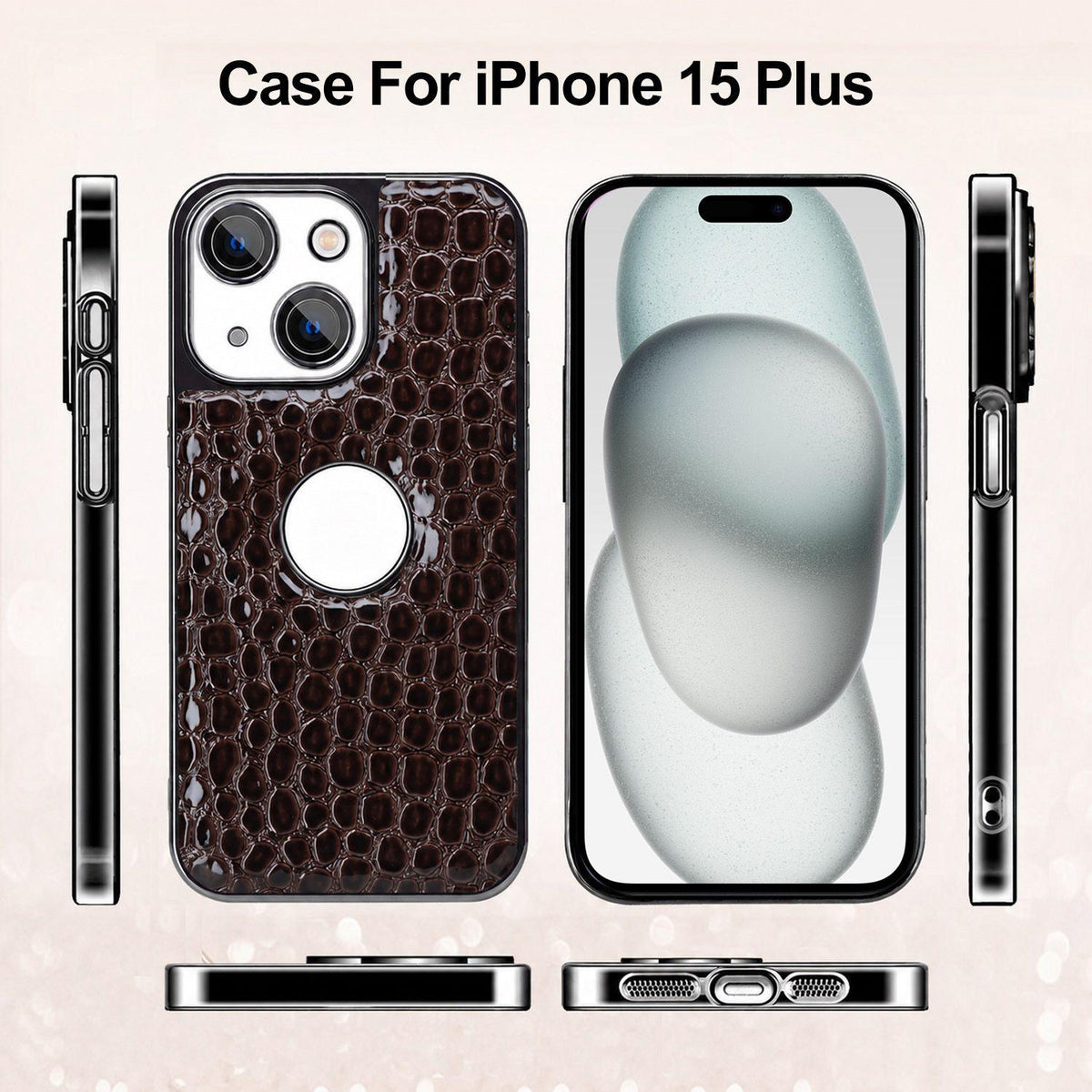 For iPhone 15 Plus Pearl Crocodile Texture Electroplated Frame PC + Vegan Leather Phone Case - Green - EDA009690107D