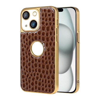 For iPhone 15 Plus Pearl Crocodile Texture Electroplated Frame PC + Vegan Leather Phone Case - Brown - EDA009690107E