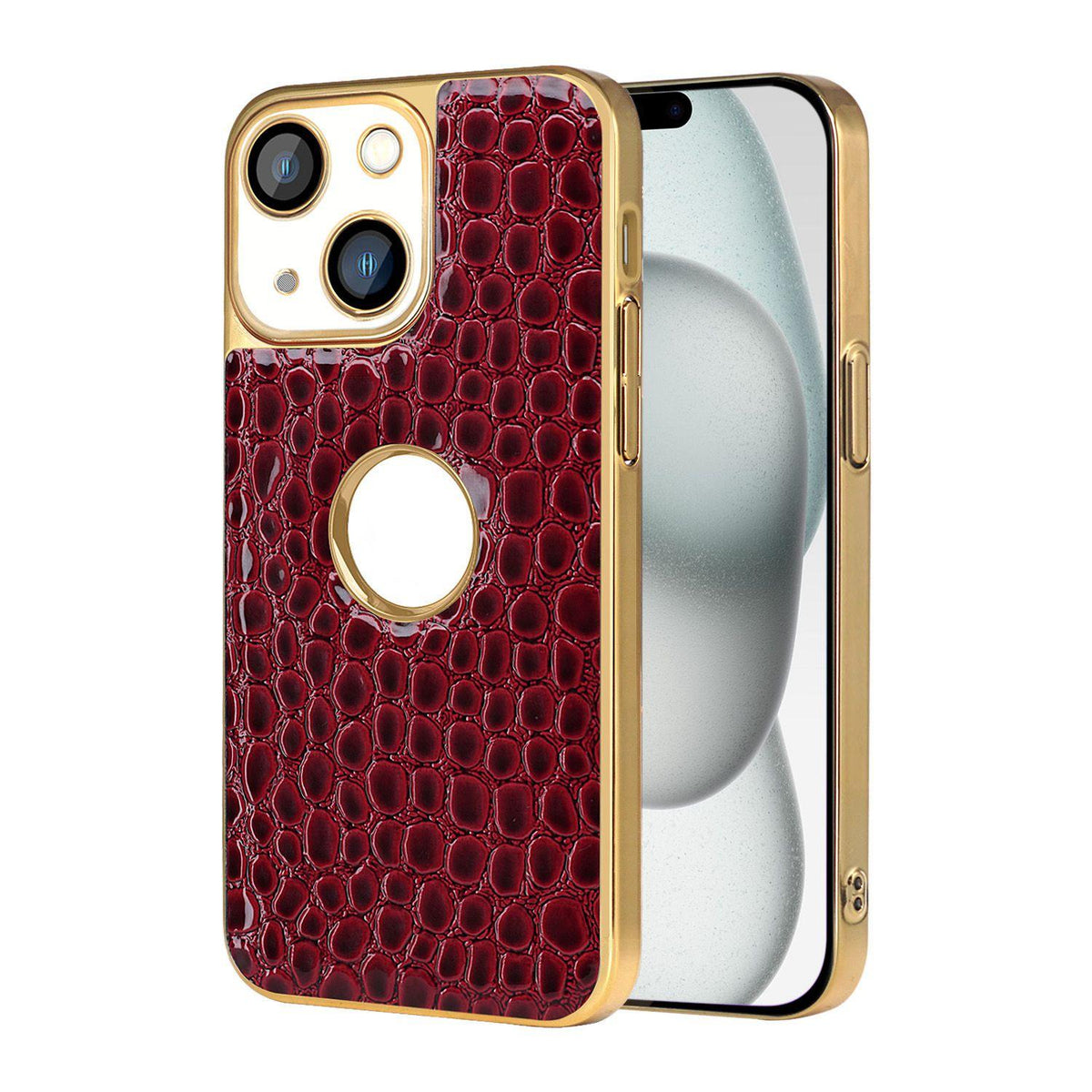 For iPhone 15 Plus Pearl Crocodile Texture Electroplated Frame PC + Vegan Leather Phone Case - Red - EDA009690107F