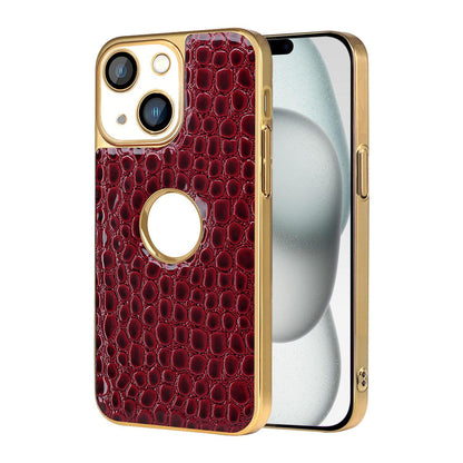 For iPhone 15 Plus Pearl Crocodile Texture Electroplated Frame PC + Vegan Leather Phone Case - Red - EDA009690107F