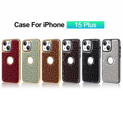 For iPhone 15 Plus Pearl Crocodile Texture Electroplated Frame PC + Vegan Leather Phone Case - Red - EDA009690107F