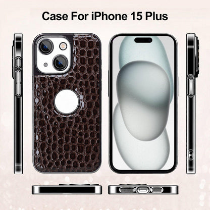 For iPhone 15 Plus Pearl Crocodile Texture Electroplated Frame PC + Vegan Leather Phone Case - Red - EDA009690107F