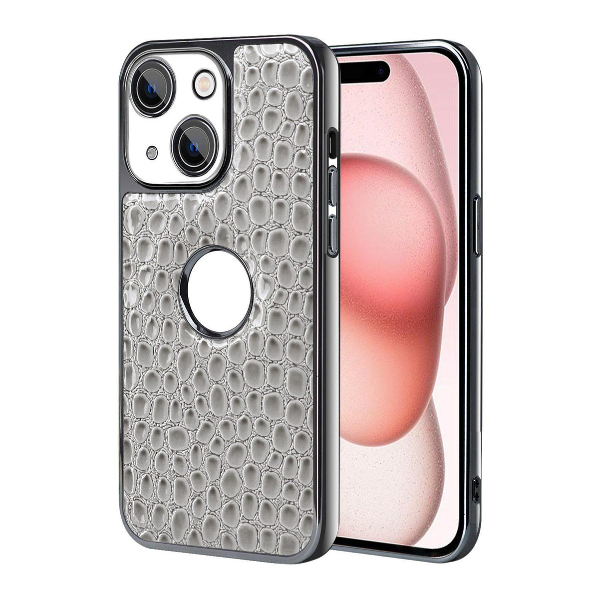 For iPhone 15 Pearl Crocodile Texture Electroplated Frame PC + Vegan Leather Phone Case - Gray - EDA009690108A