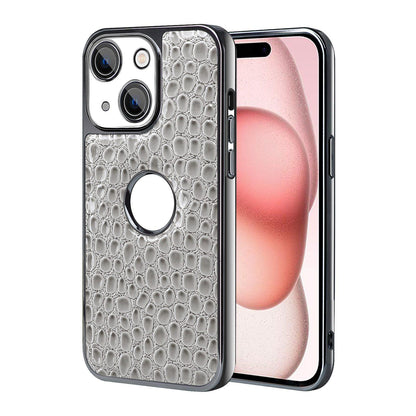 For iPhone 15 Pearl Crocodile Texture Electroplated Frame PC + Vegan Leather Phone Case - Gray - EDA009690108A