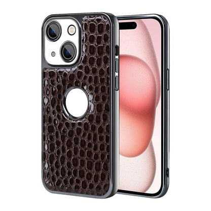 For iPhone 15 Pearl Crocodile Texture Electroplated Frame PC + Vegan Leather Phone Case - Dark Brown - EDA009690108B