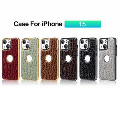 For iPhone 15 Pearl Crocodile Texture Electroplated Frame PC + Vegan Leather Phone Case - Dark Brown - EDA009690108B