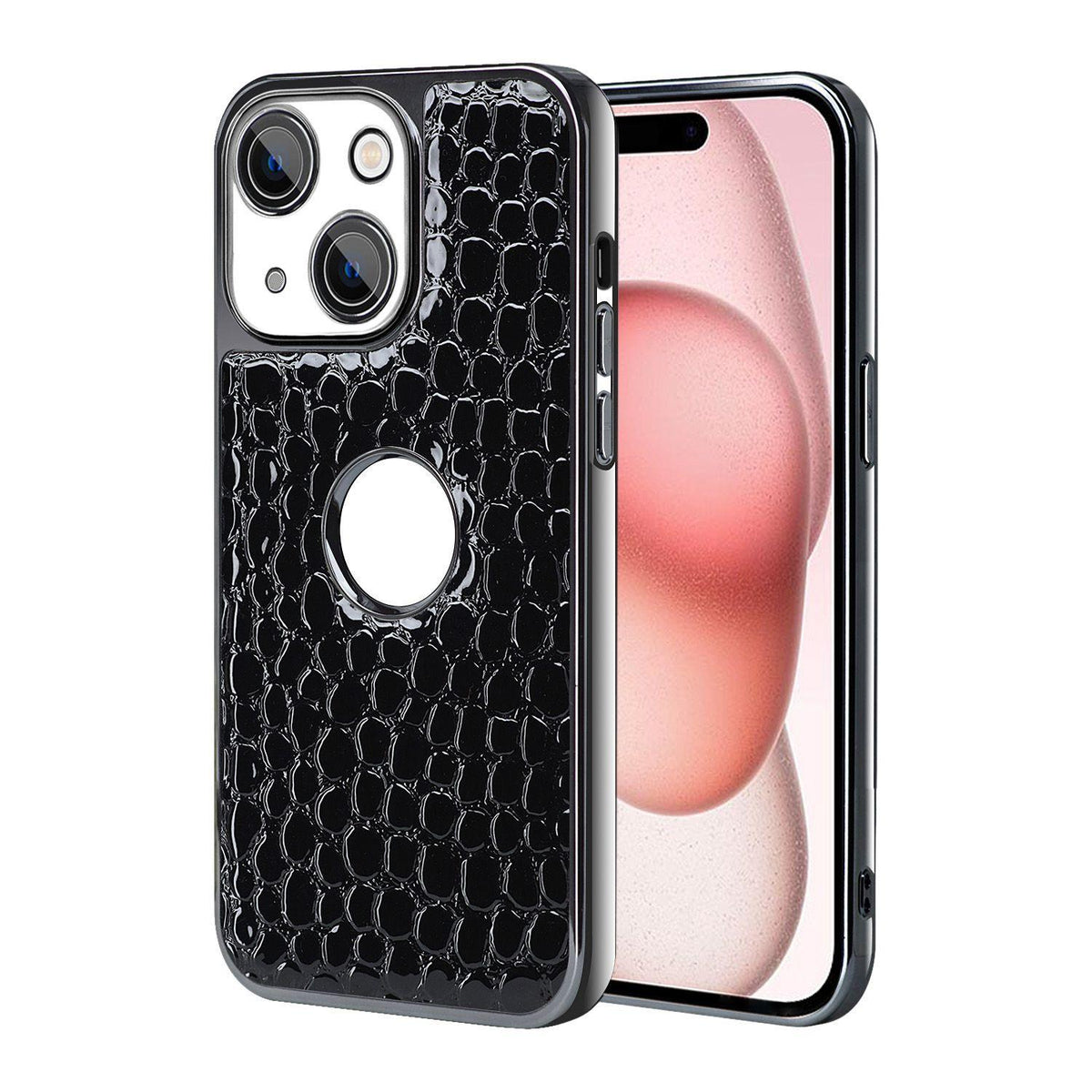 For iPhone 15 Pearl Crocodile Texture Electroplated Frame PC + Vegan Leather Phone Case - Black - EDA009690108C