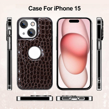 For iPhone 15 Pearl Crocodile Texture Electroplated Frame PC + Vegan Leather Phone Case - Black - EDA009690108C