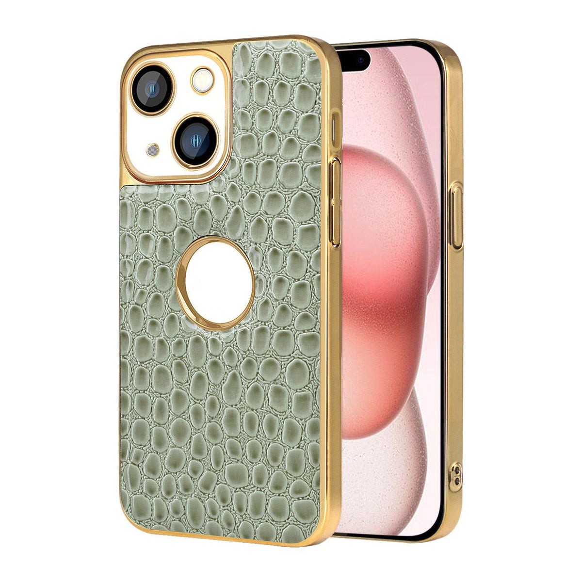 For iPhone 15 Pearl Crocodile Texture Electroplated Frame PC + Vegan Leather Phone Case - Green - EDA009690108D