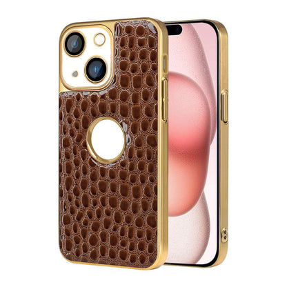 For iPhone 15 Pearl Crocodile Texture Electroplated Frame PC + Vegan Leather Phone Case - Brown - EDA009690108E