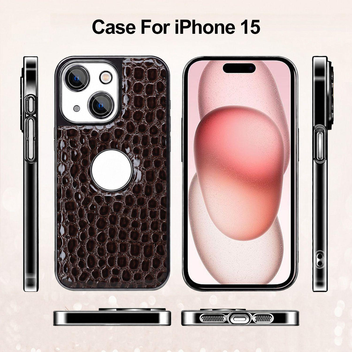 For iPhone 15 Pearl Crocodile Texture Electroplated Frame PC + Vegan Leather Phone Case - Brown - EDA009690108E